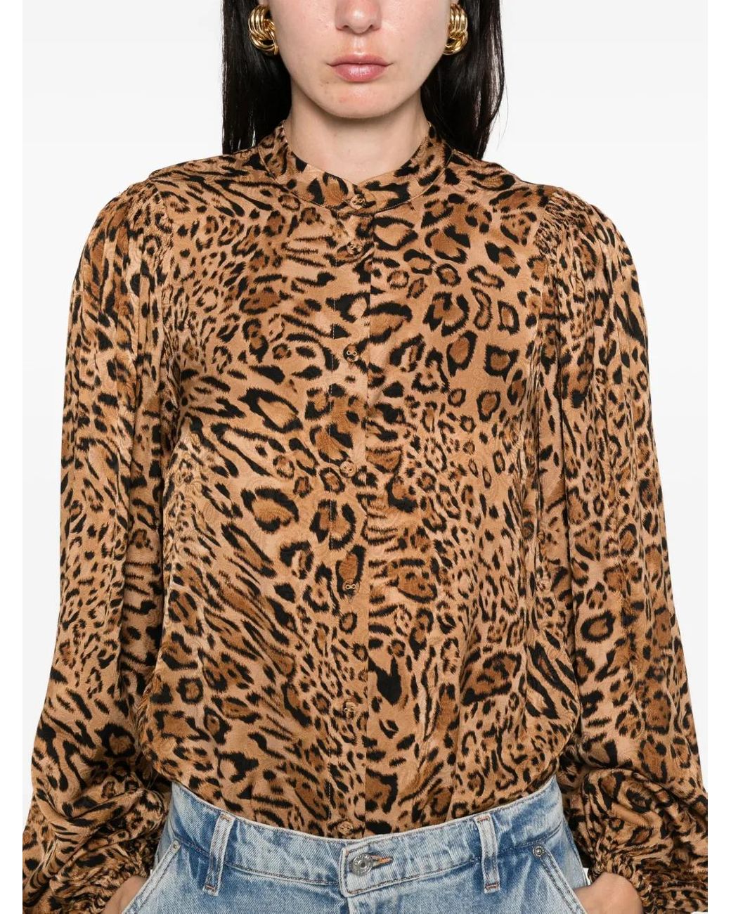 Twinset Brown Leopard-Print Mock-Neck Shirt