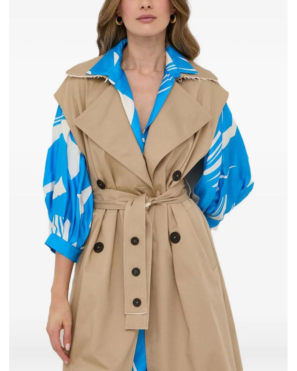 Beatrice B. Blue Double-Breasted Frayed-Edge Trench Coat