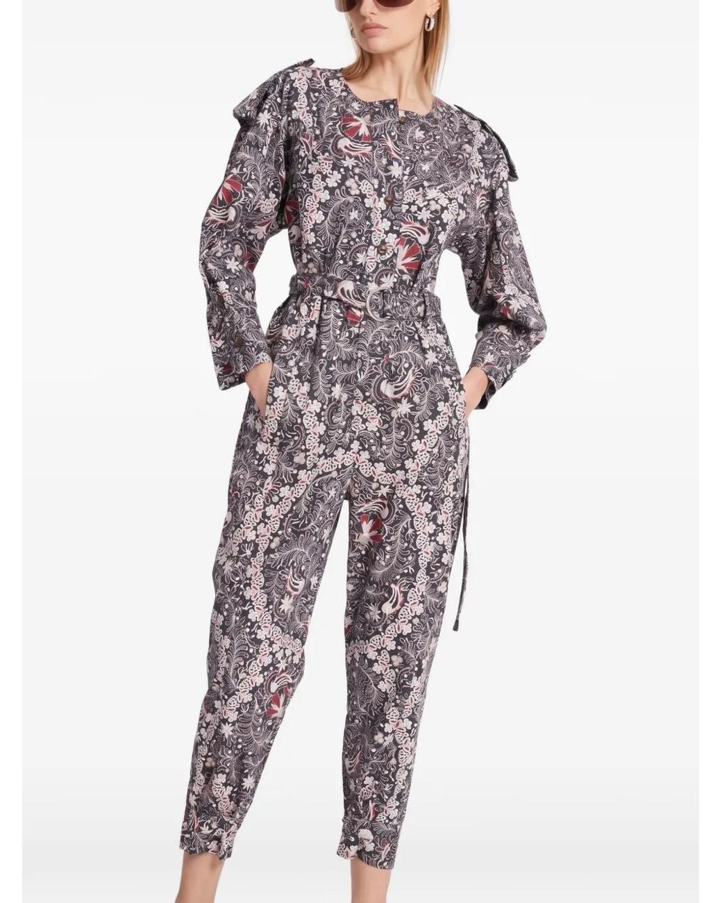 Maria Cher Blue Floral-Print Belted Jumpsuit