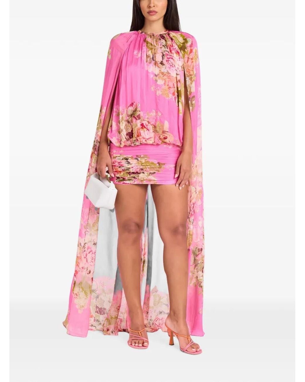 Hemant & Nandita Pink Lena Floral-Print Cape-Sleeve Mini Dress