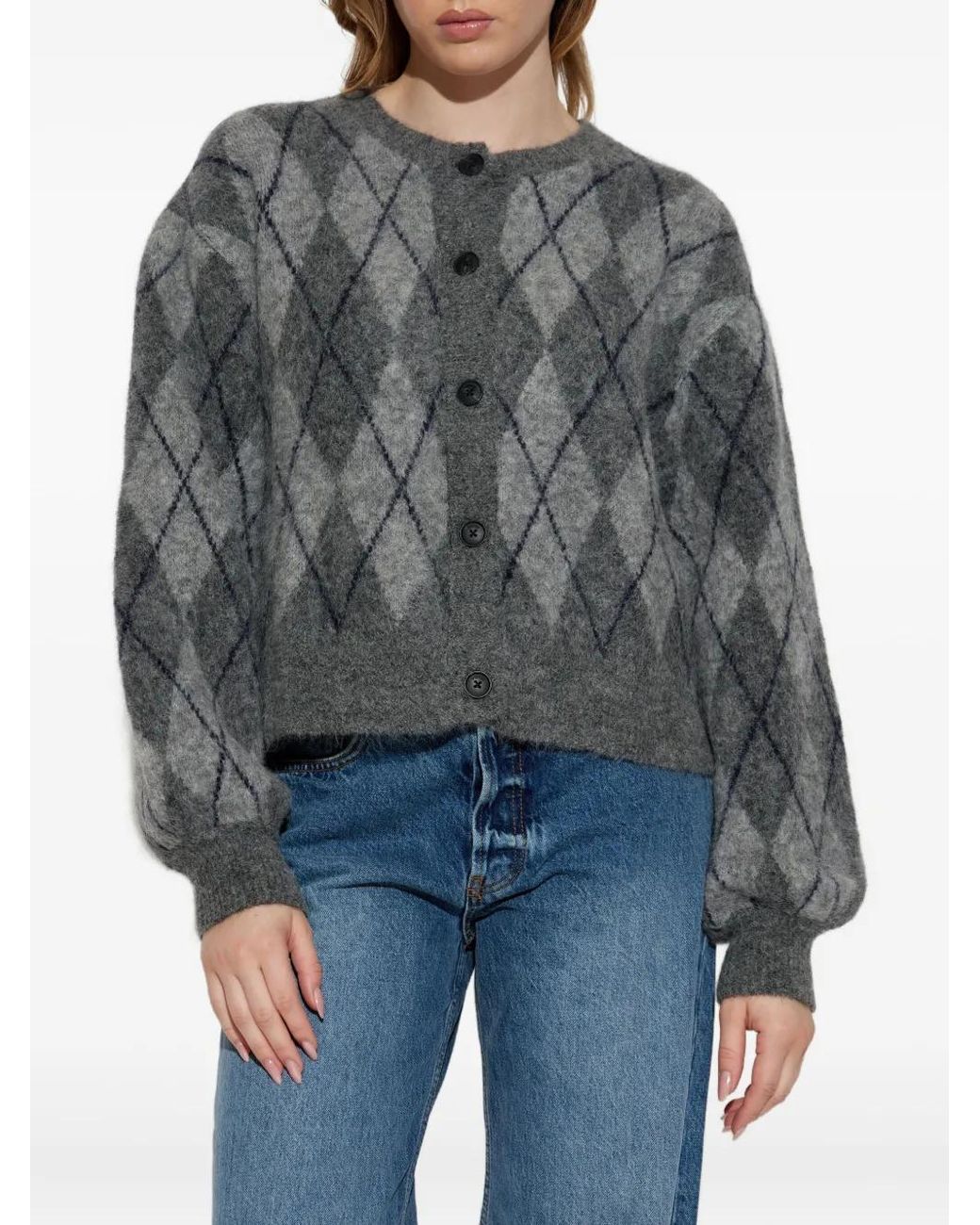 Gestuz Gray Argyle-Check Cardigan