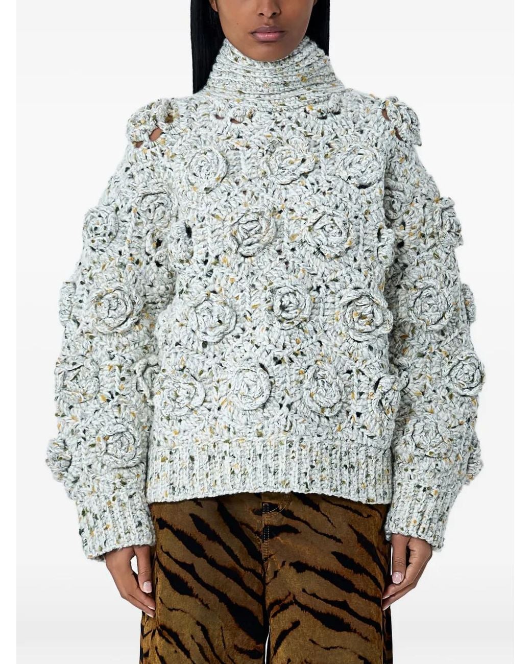 Ganni Gray Flower-Knit Sweater