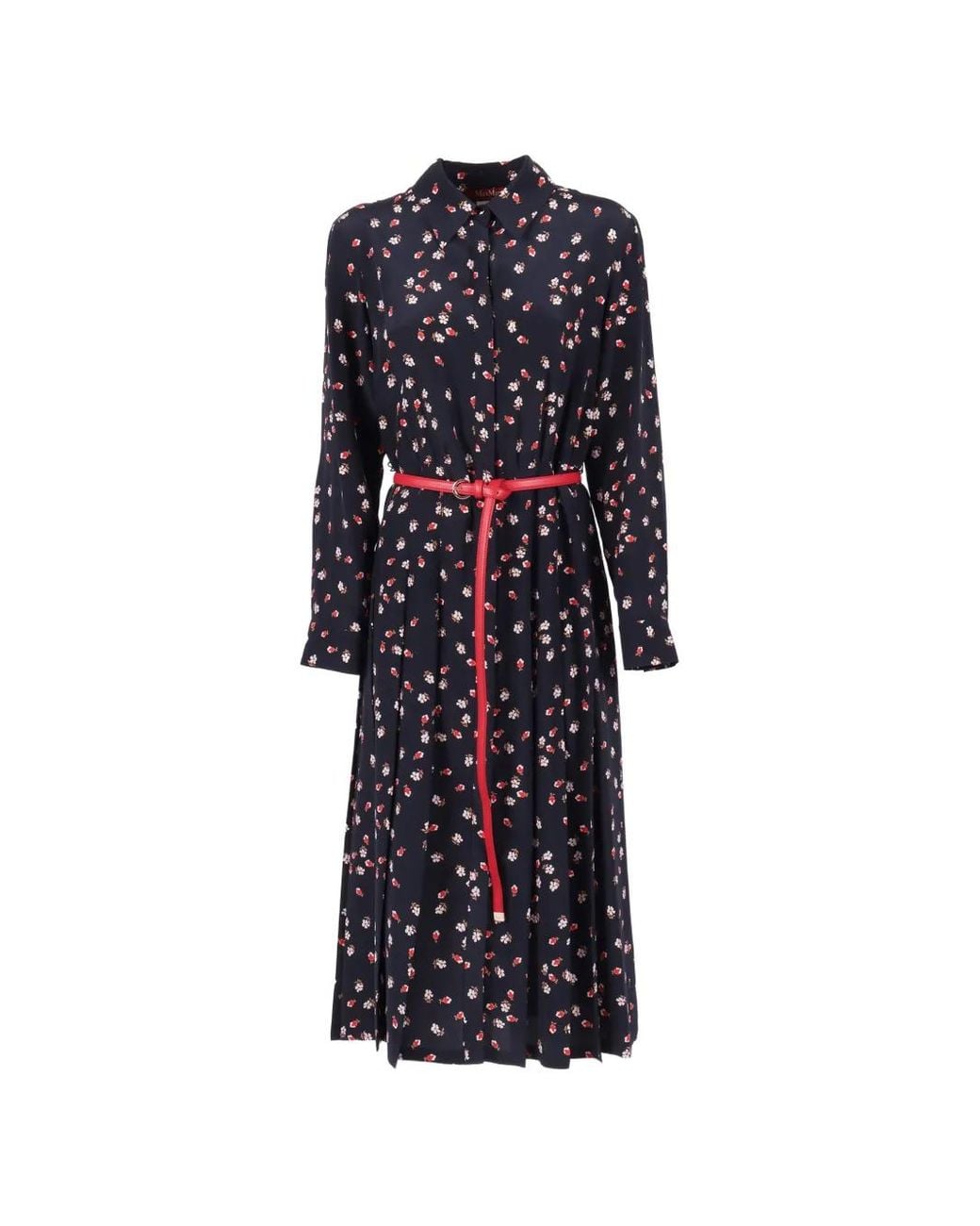 Max Mara Blue Floral Belted Silk Dress