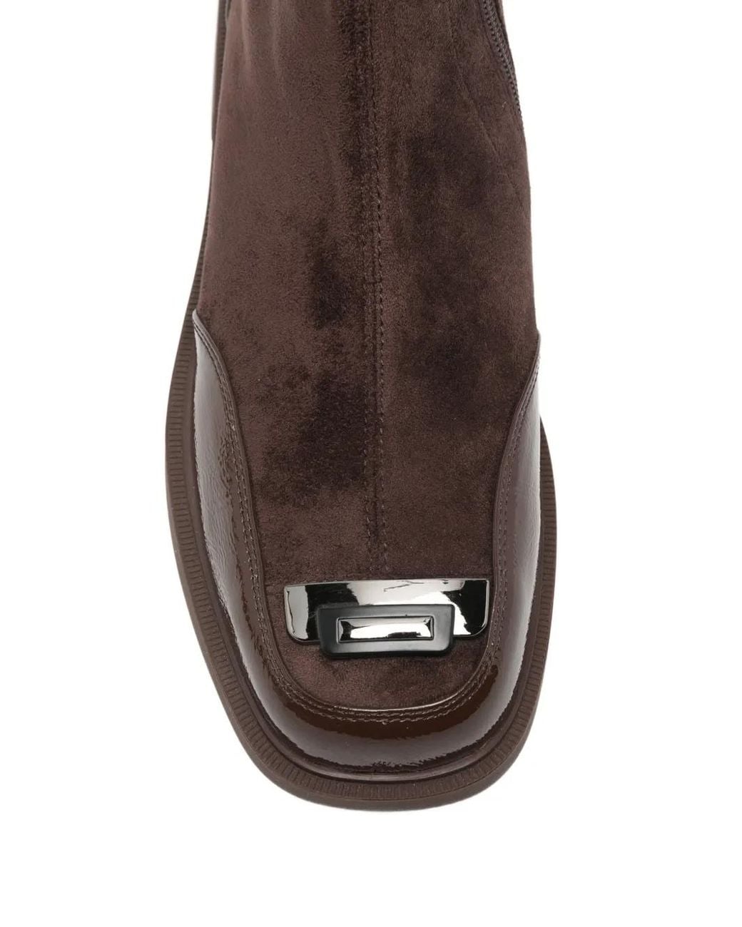 Linda Baumann Brown Patent-Panelled Plaque-Detail Ankle Boots