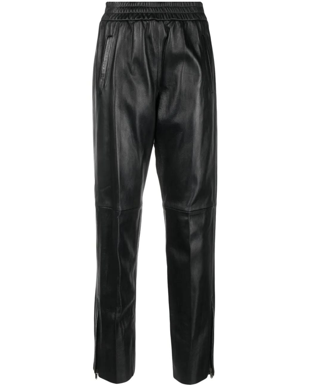 Golden Goose Deluxe Brand Black Leather Pants With Stretch Waistband And Zippers On Hem For