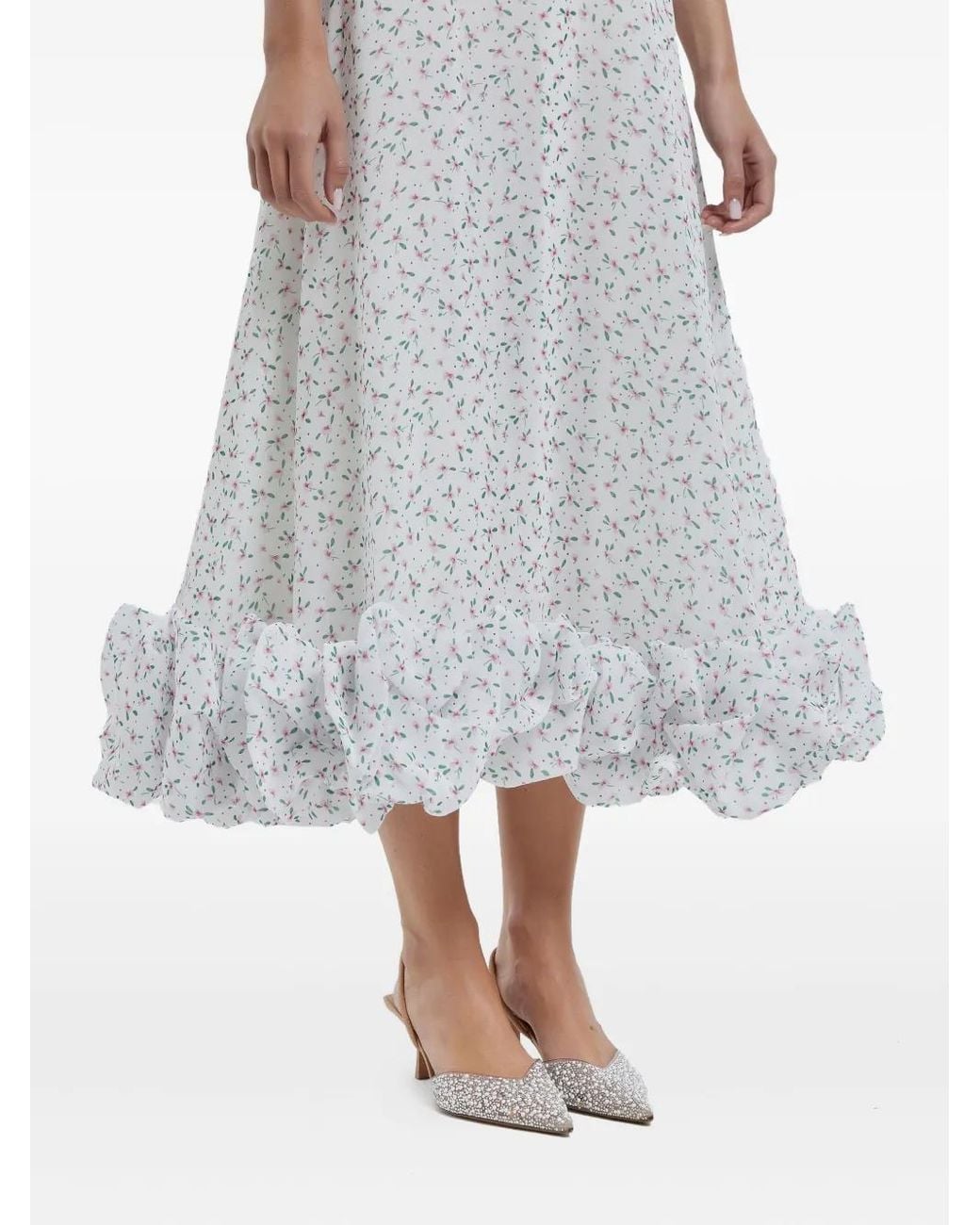 POST MERIDIEM White Floral-Print Flounce Buster Midi Dress