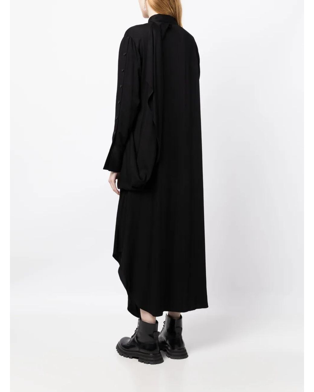 Yohji Yamamoto Black Long-Sleeve Draped Midi Shirt Dress