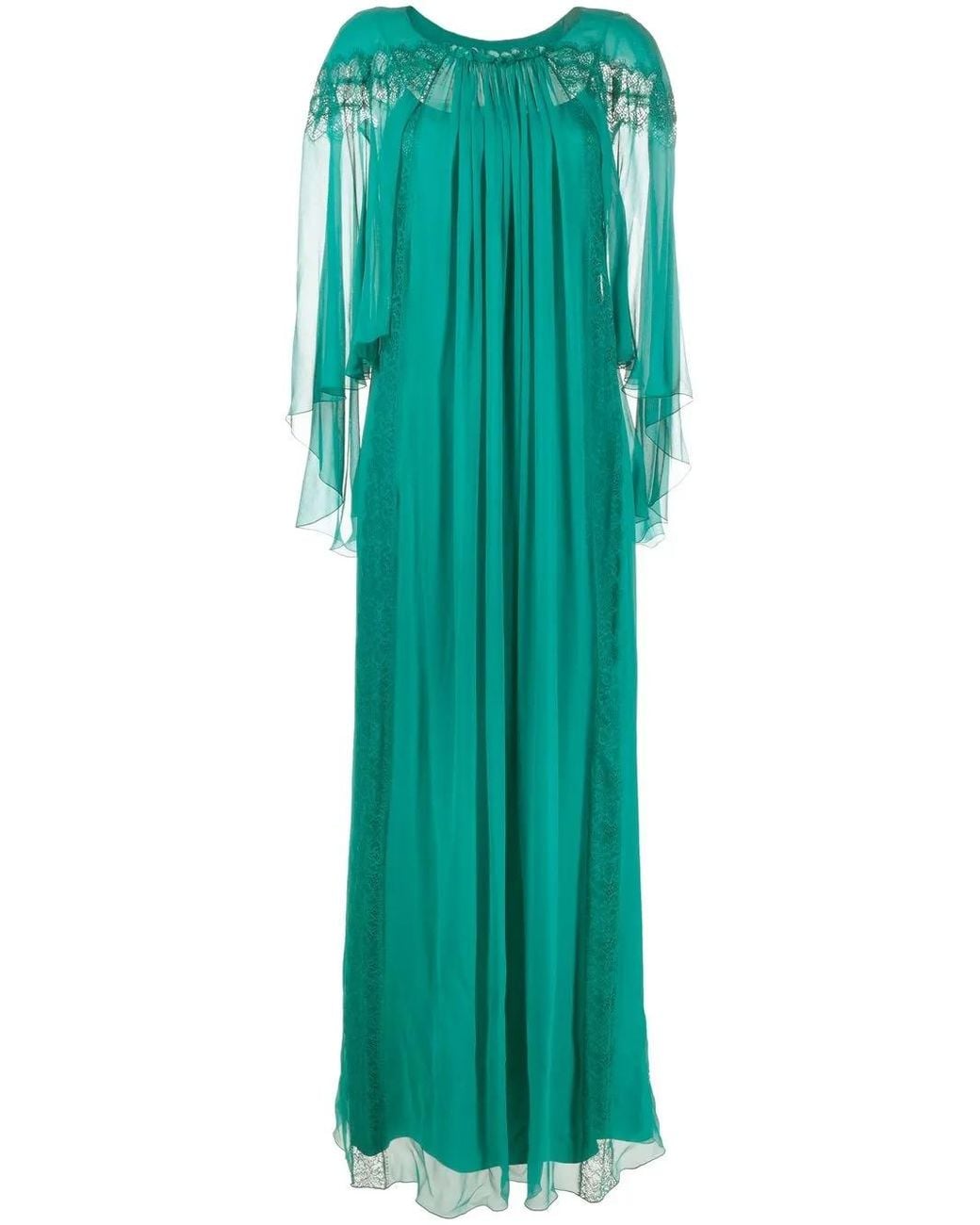 Alberta Ferretti Green Lace-Panel Draped Evening Dress