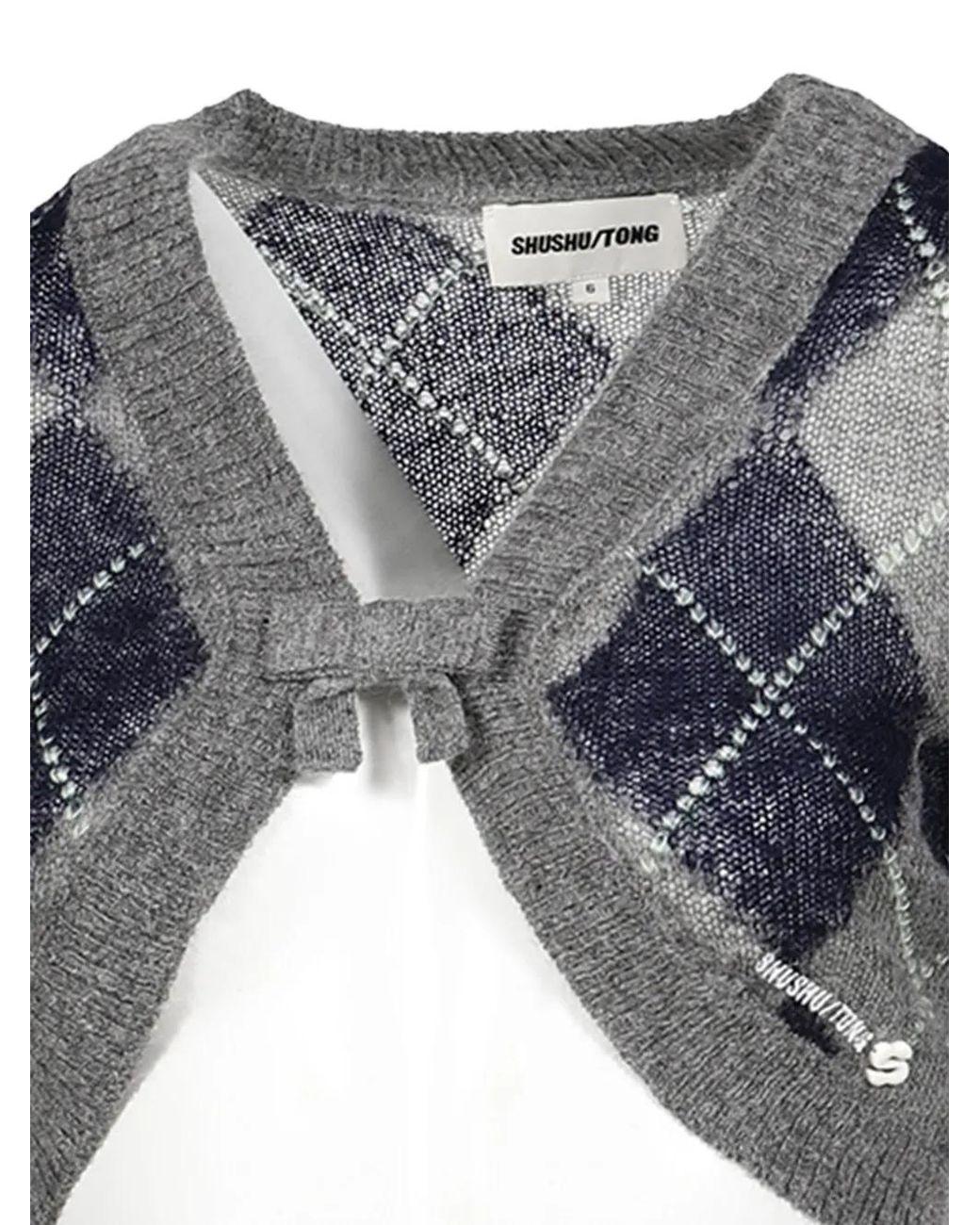 ShuShu/Tong Gray Argyle-Knit Cropped Cardigan