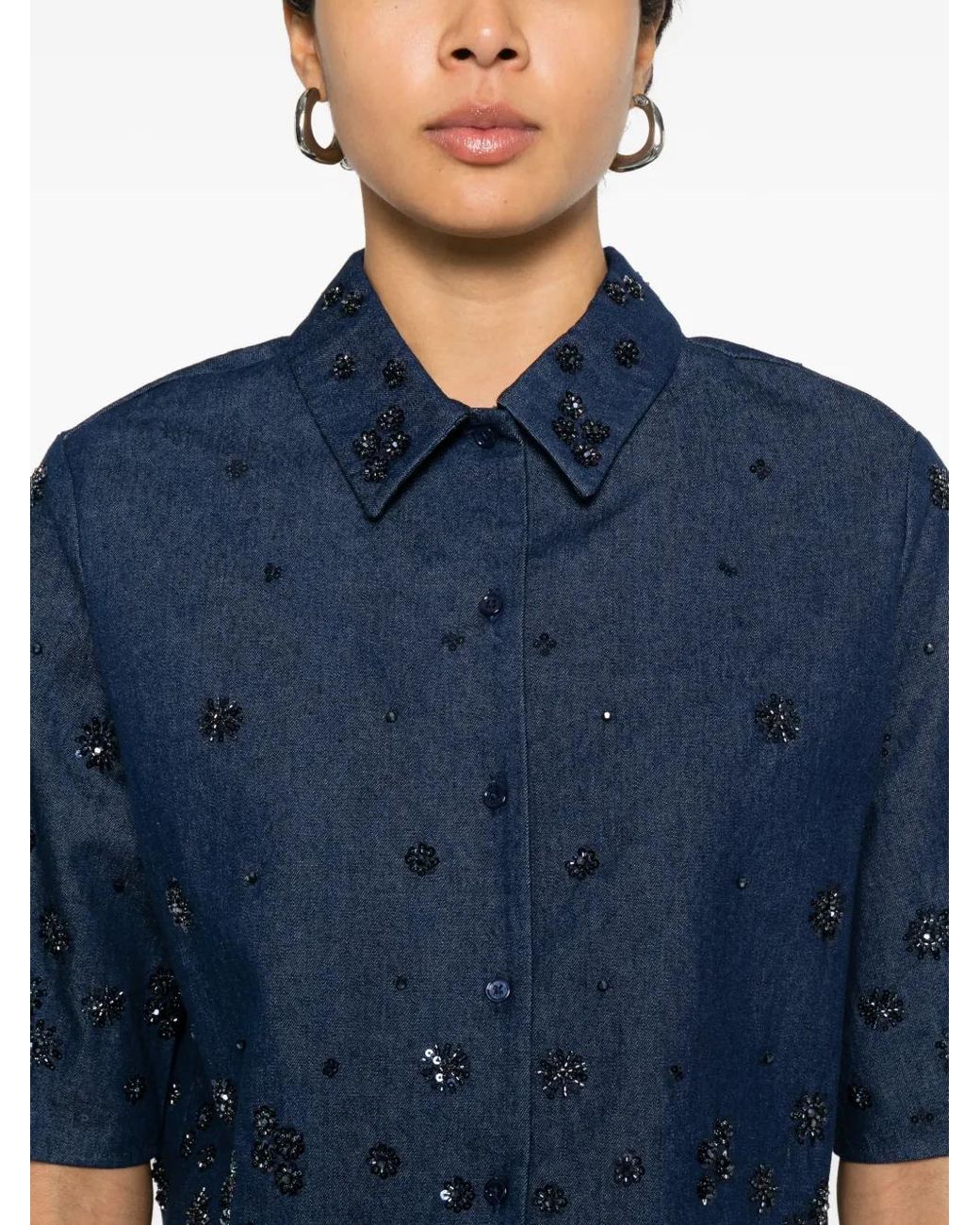 Maje Blue Embroidered Cropped Denim Shirt