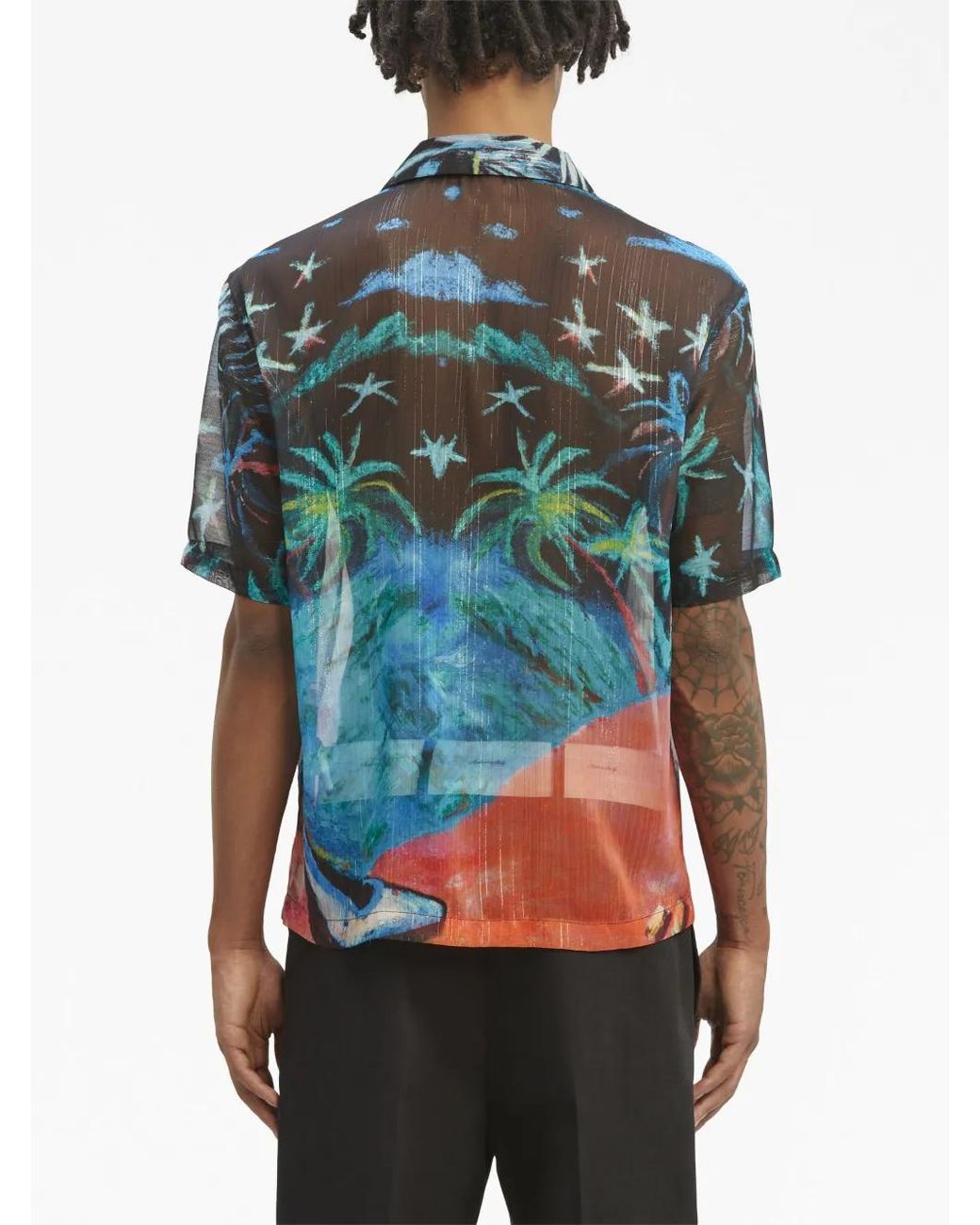 Palm Angels Blue Oil On Canvas Button-Up Bowling Shirt for men