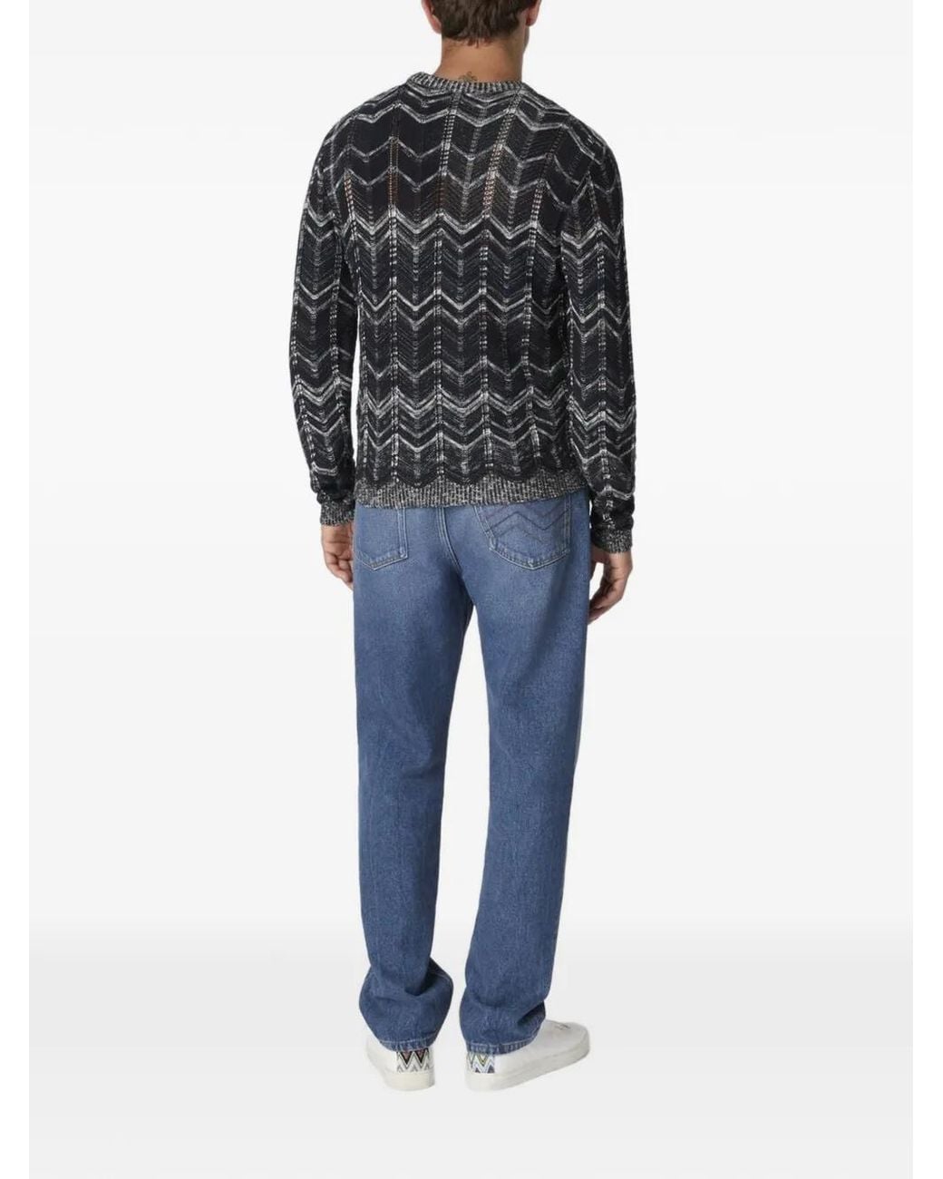 Missoni Black Crew-Neck Cotton Chevron Pullover With Ribbed Trims for men