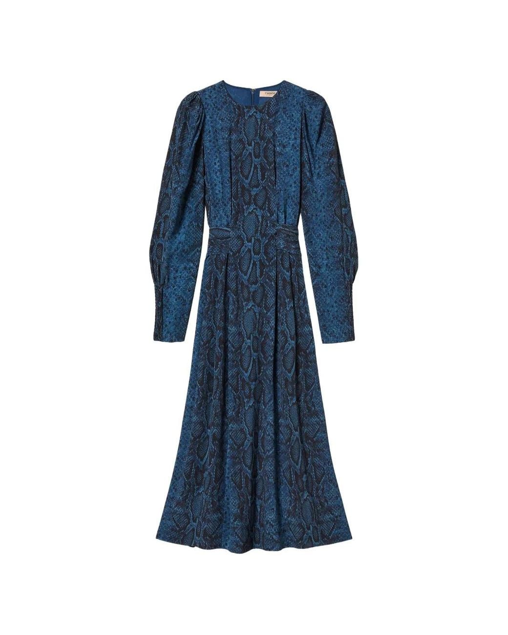 Twinset Blue Long Python Print Crew-Neck Dress