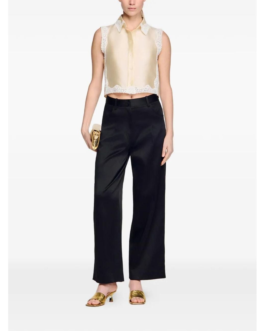 Sandro Black Satin-Effect Wide-Leg Trousers