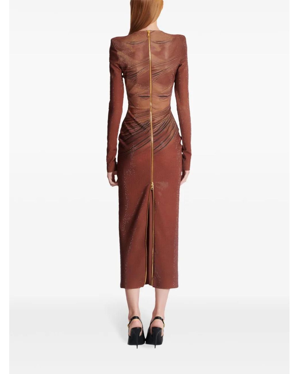 Balmain Red Rhinestone-Embellished Printed Maxi Dress