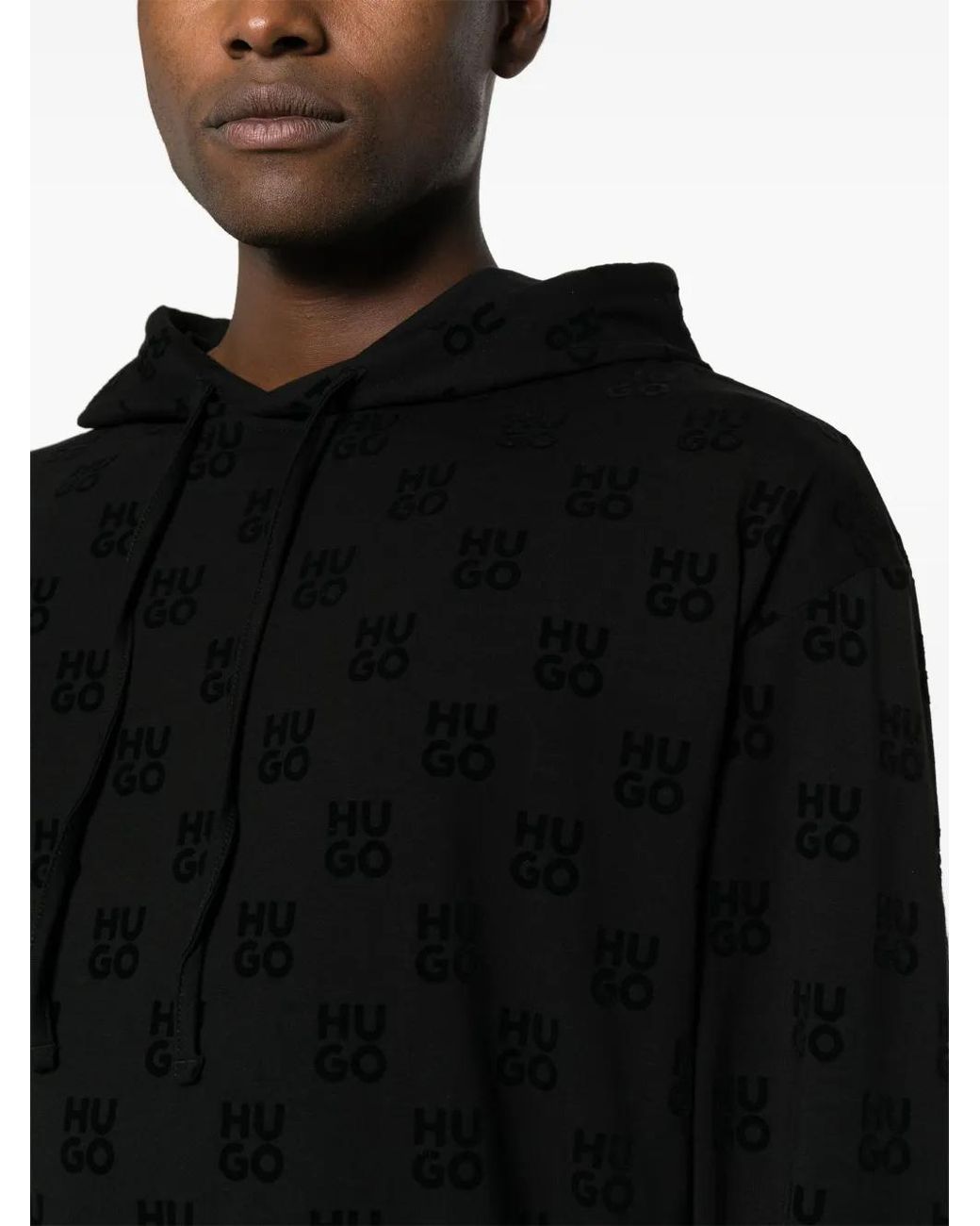 HUGO Black Logo-Jacquard Long-Sleeve Hoodie for men