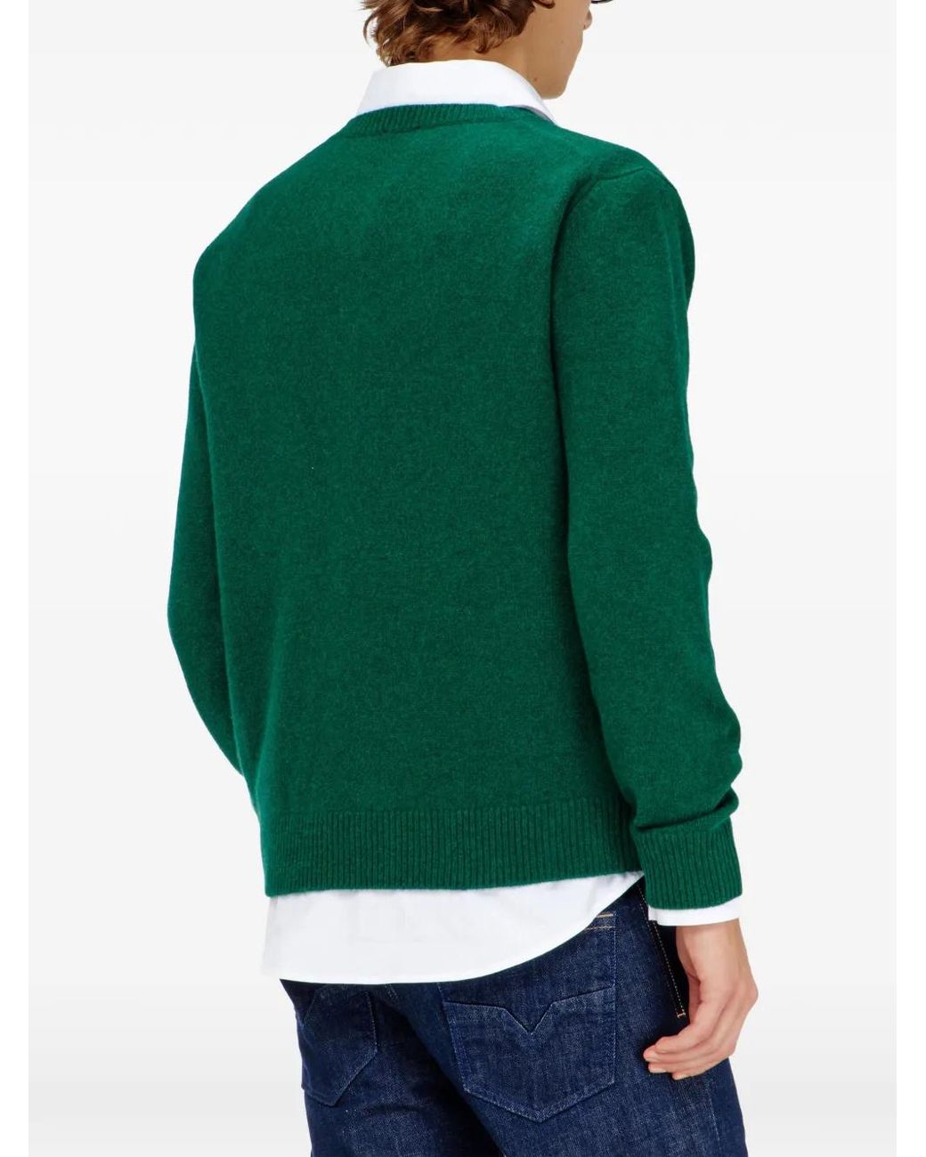 DIESEL Green Wool V-Neck Jumper With Neck Logo for men