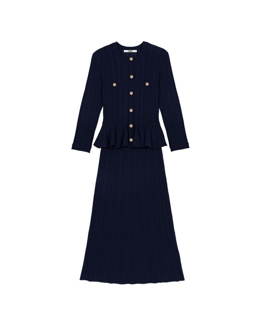 Maje Blue Knit Dress With Peplum Waist