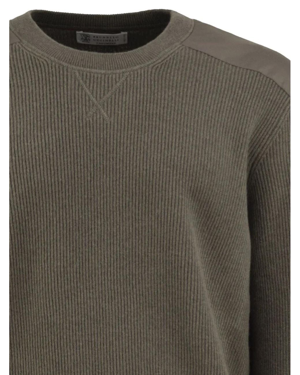 Brunello Cucinelli Green Cashmere Ribbed Sweater With Cotton Inserts for men