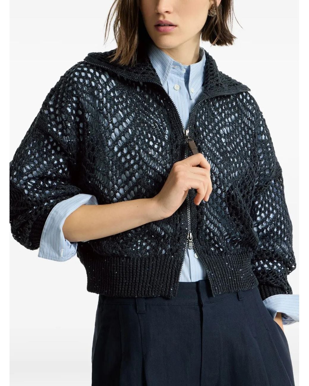 Brunello Cucinelli Blue Dazzling Abstract Leaf Cardigan