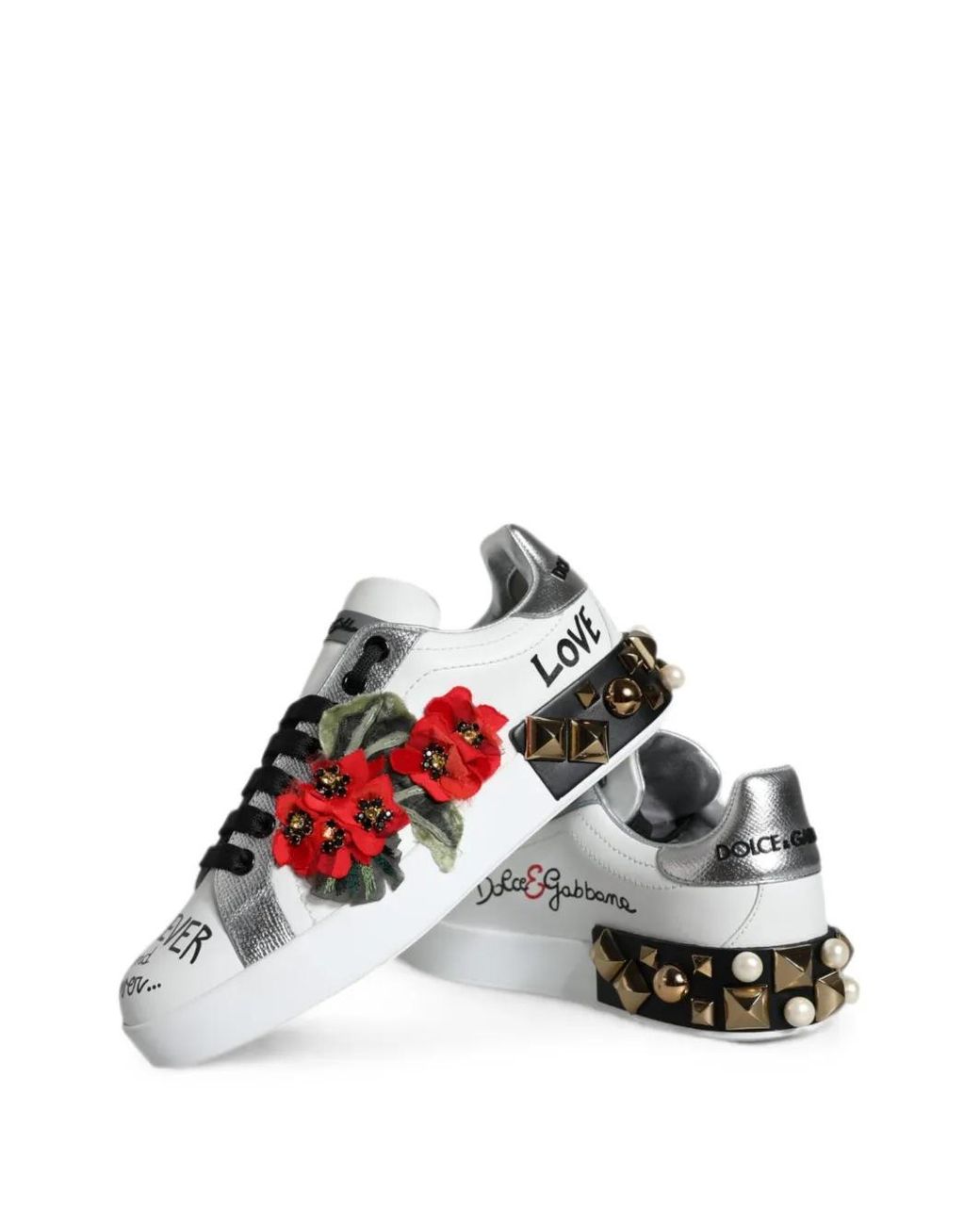 Dolce & Gabbana White Floral-Embellished Studded Leather Sneakers