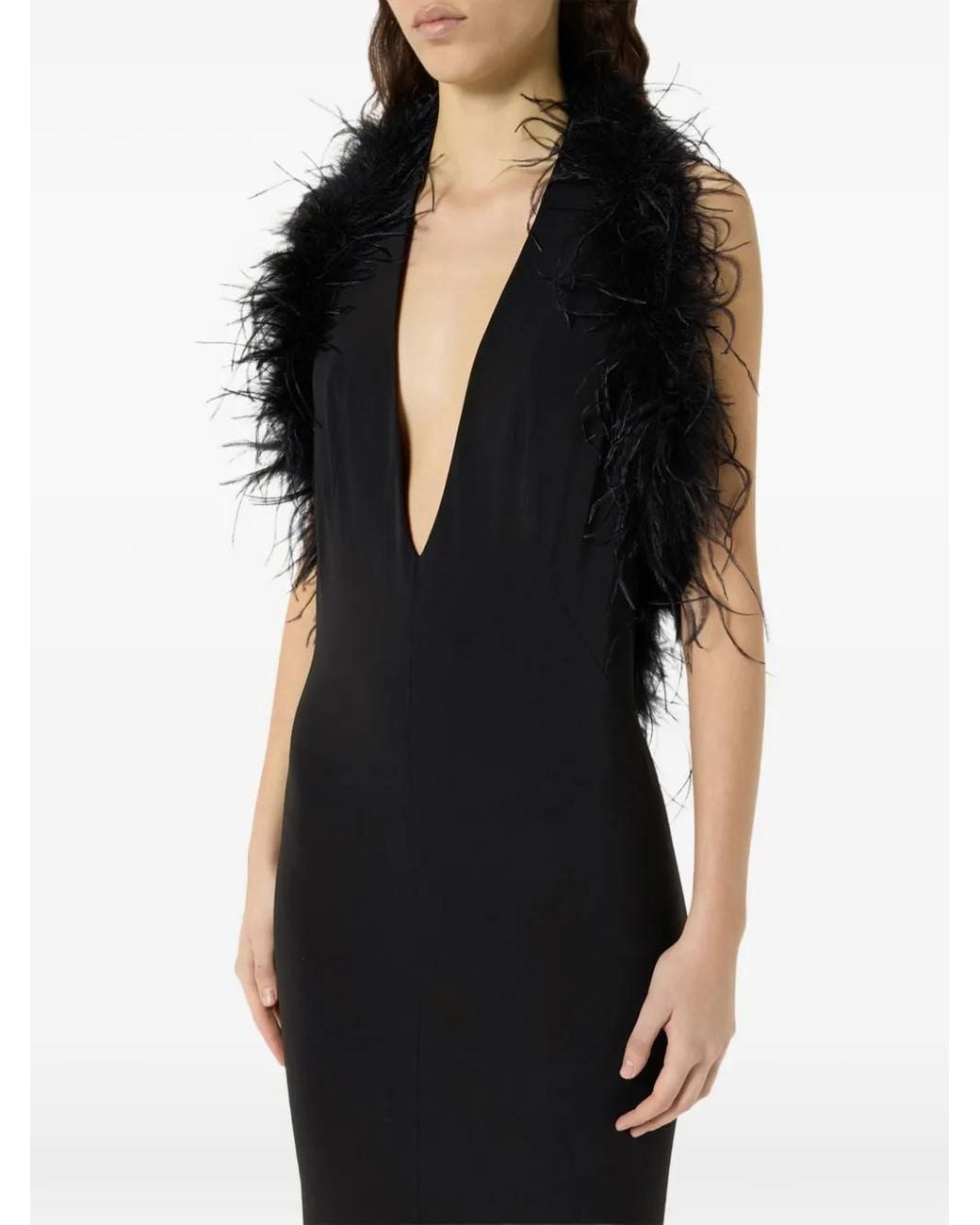 Blumarine Black Marabou-Trim Plunge-Neck Maxi Dress