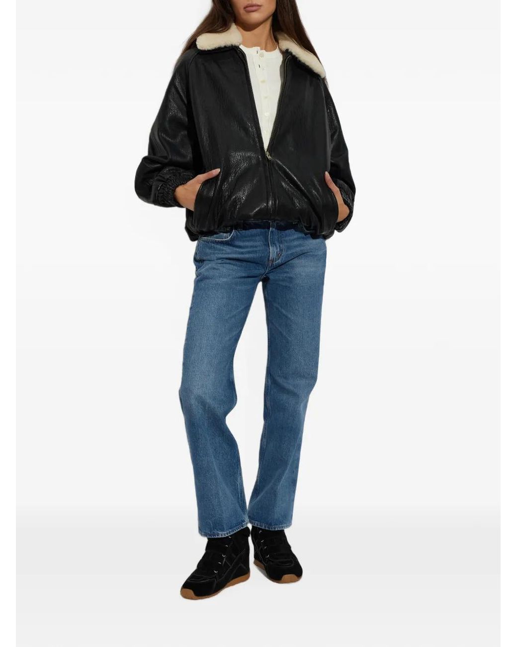 Stand Studio Black Tobie Shearling-Collar Leather Jacket