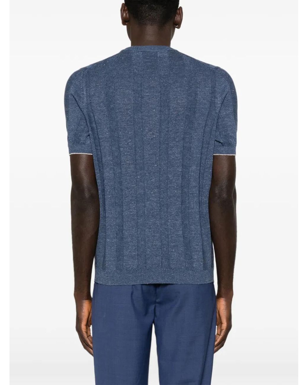 Brunello Cucinelli Blue Short Sleeves Round Neck Sweater for men