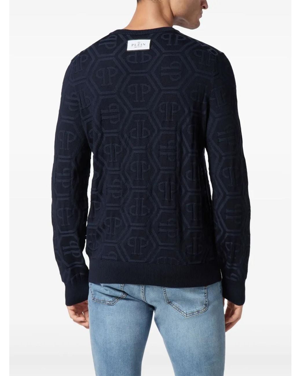 Philipp Plein Blue Jacquard Silk Wool Pullover Round Neck Ls Monogram for men