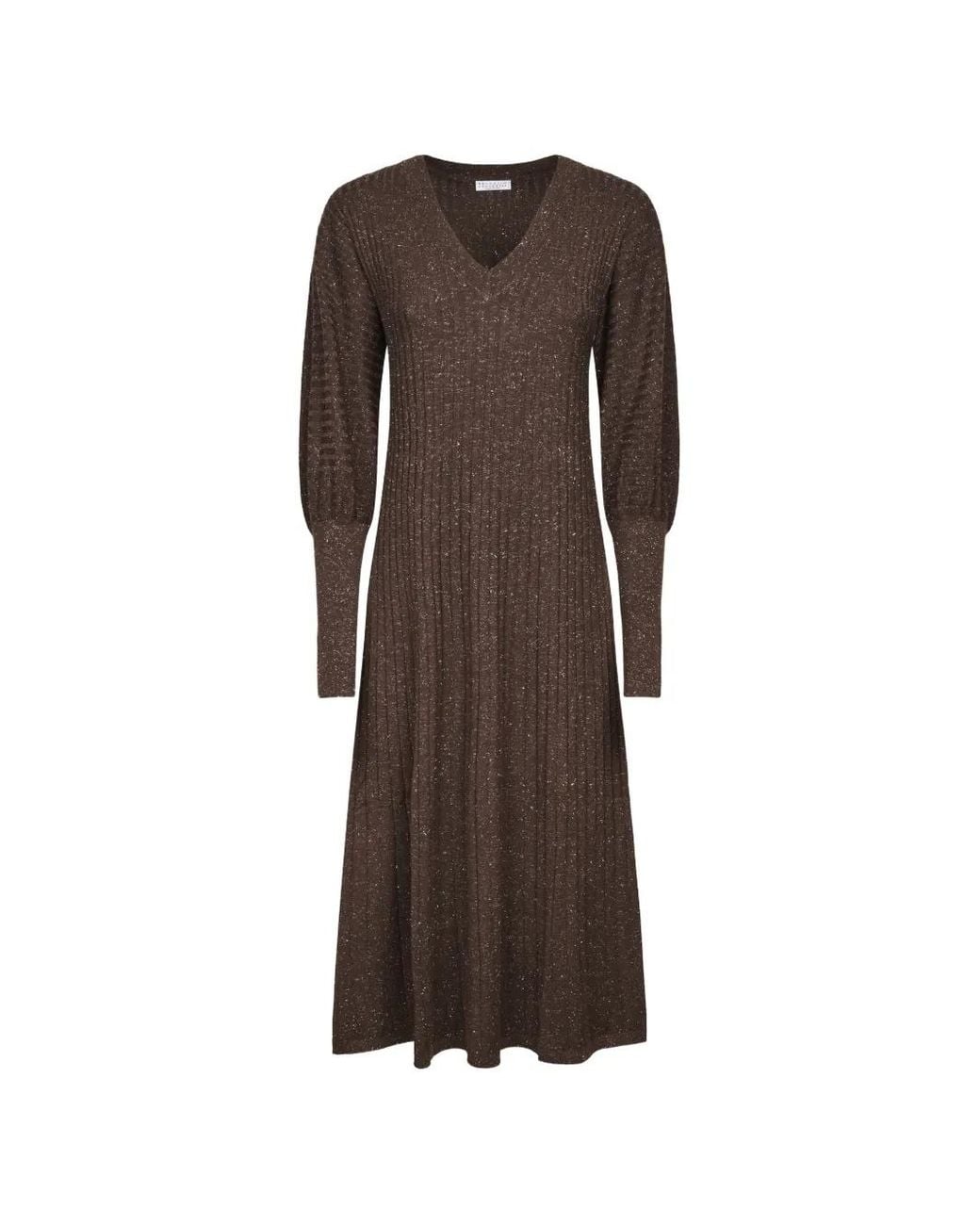 Brunello Cucinelli Brown Ribbed-Knit V-Neck Dress