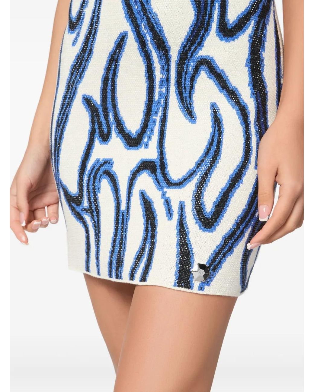 Philipp Plein Blue Minidress Jacquard Strass Flames