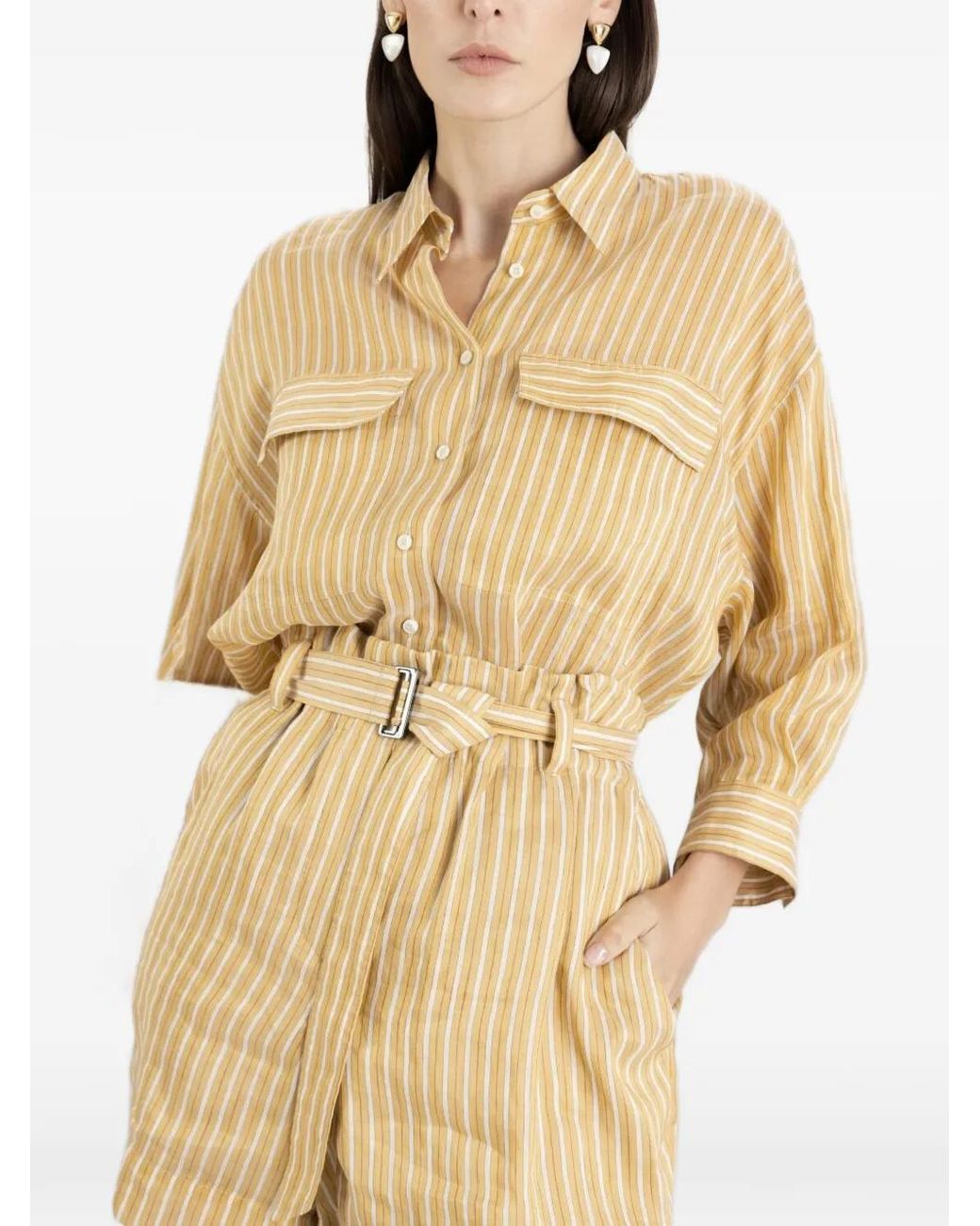 Brunello Cucinelli Natural Stripe-Pattern Flap-Pocket Shirt