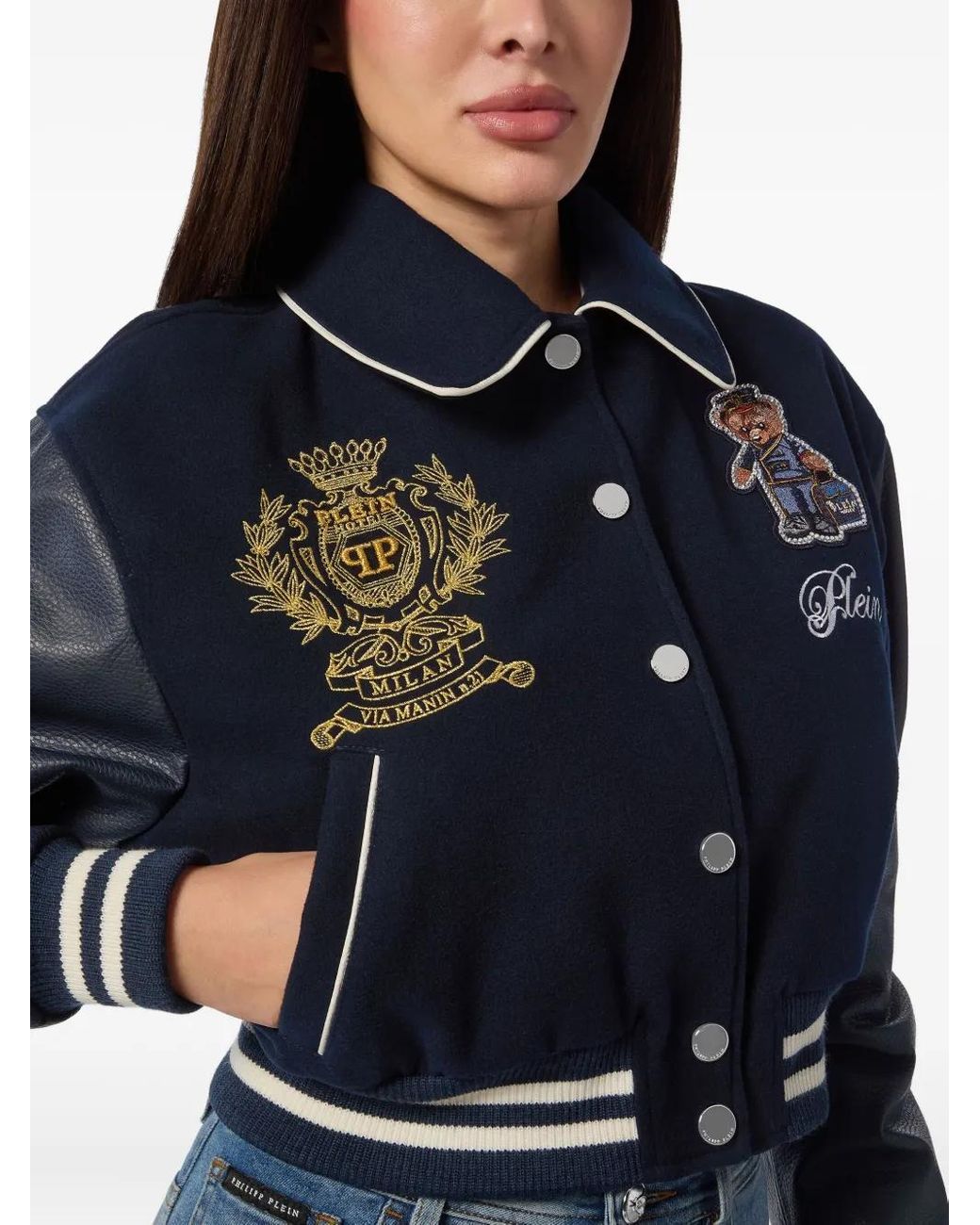Philipp Plein Blue Wool And Leather College Bomber Teddy