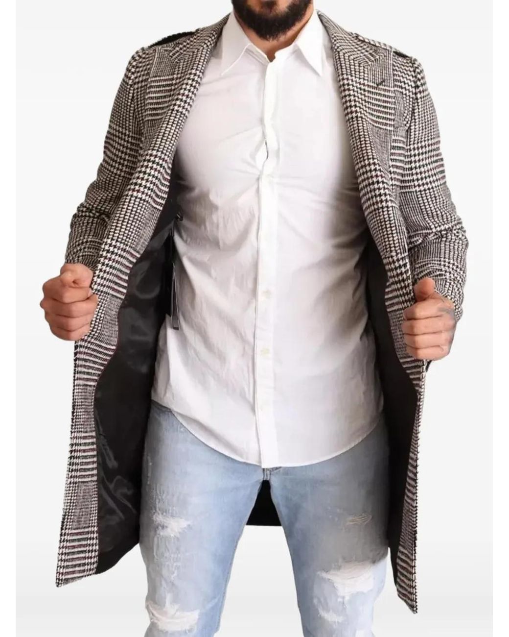 Dolce & Gabbana Gray Plaid-Pattern Single-Breasted Coat for men