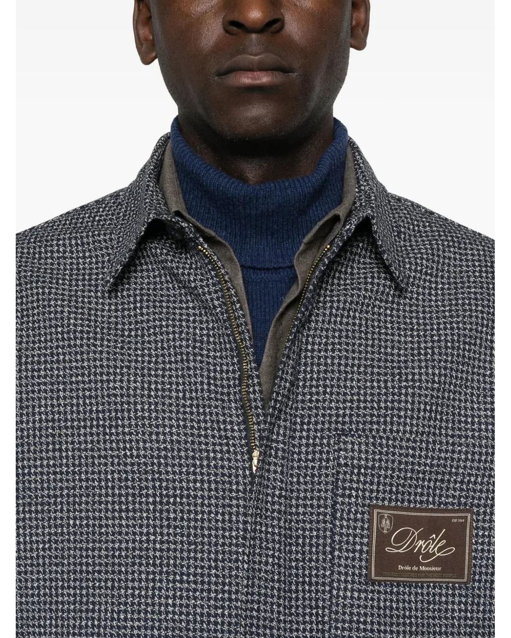 Drole de Monsieur Gray Houndstooth-Pattern Zip-Up Shirt for men