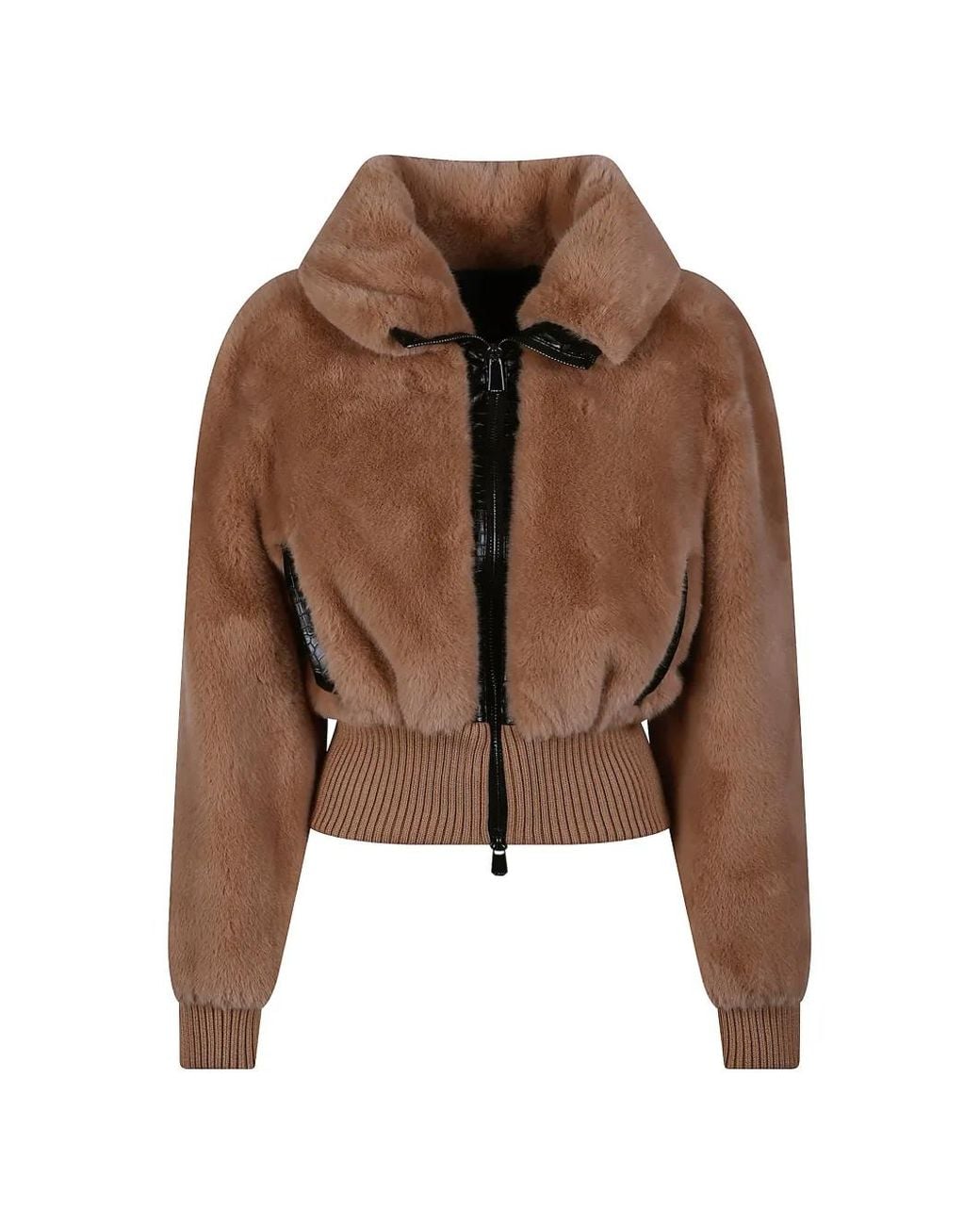 Pinko Brown Croc-Effect Trim Faux-Fur Jacket