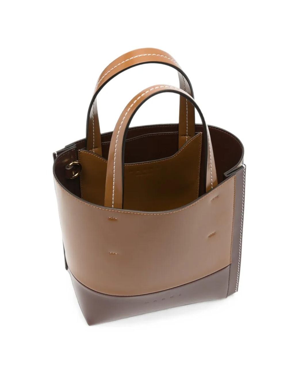Marni Brown Small Museo Two-Tone Contrast-Stitch Bucket Bag