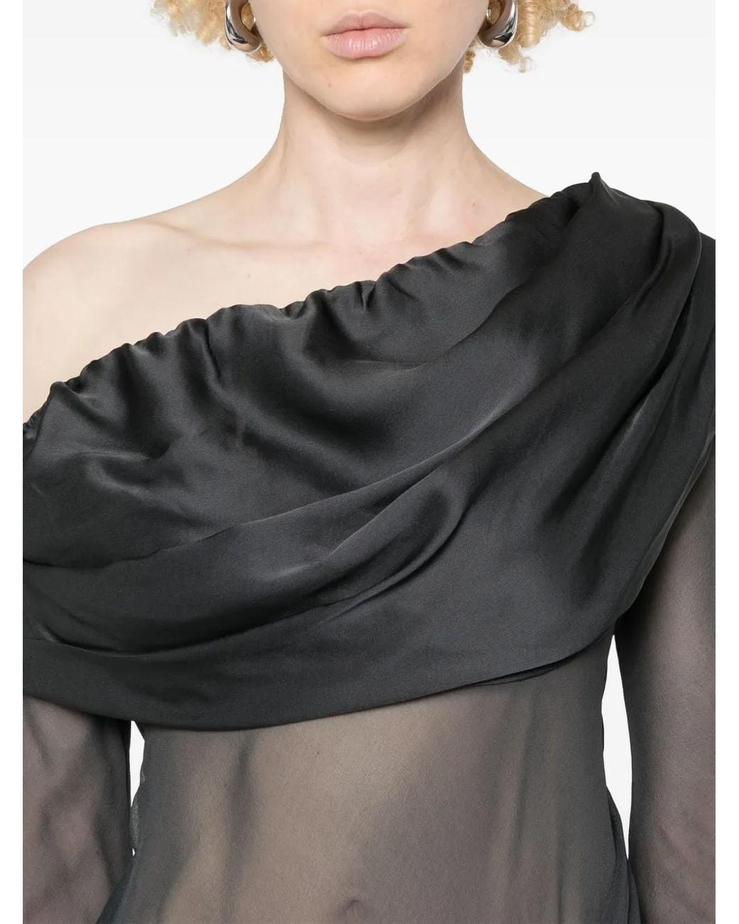 Christopher Esber Gray Silk Organza Off-Shoulder Maxi Dress