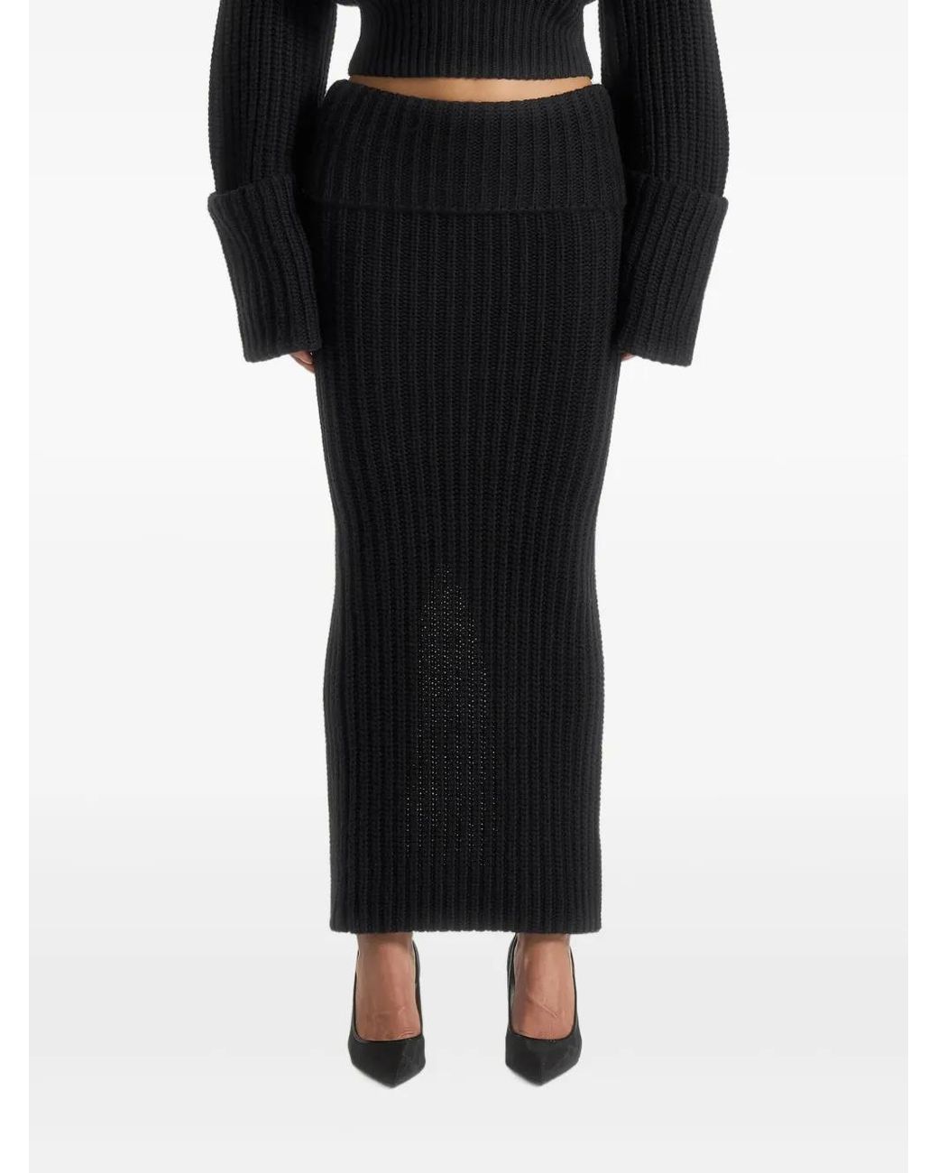 Manière De Voir Black Lyra Foldover-Waist Knit Maxi Skirt