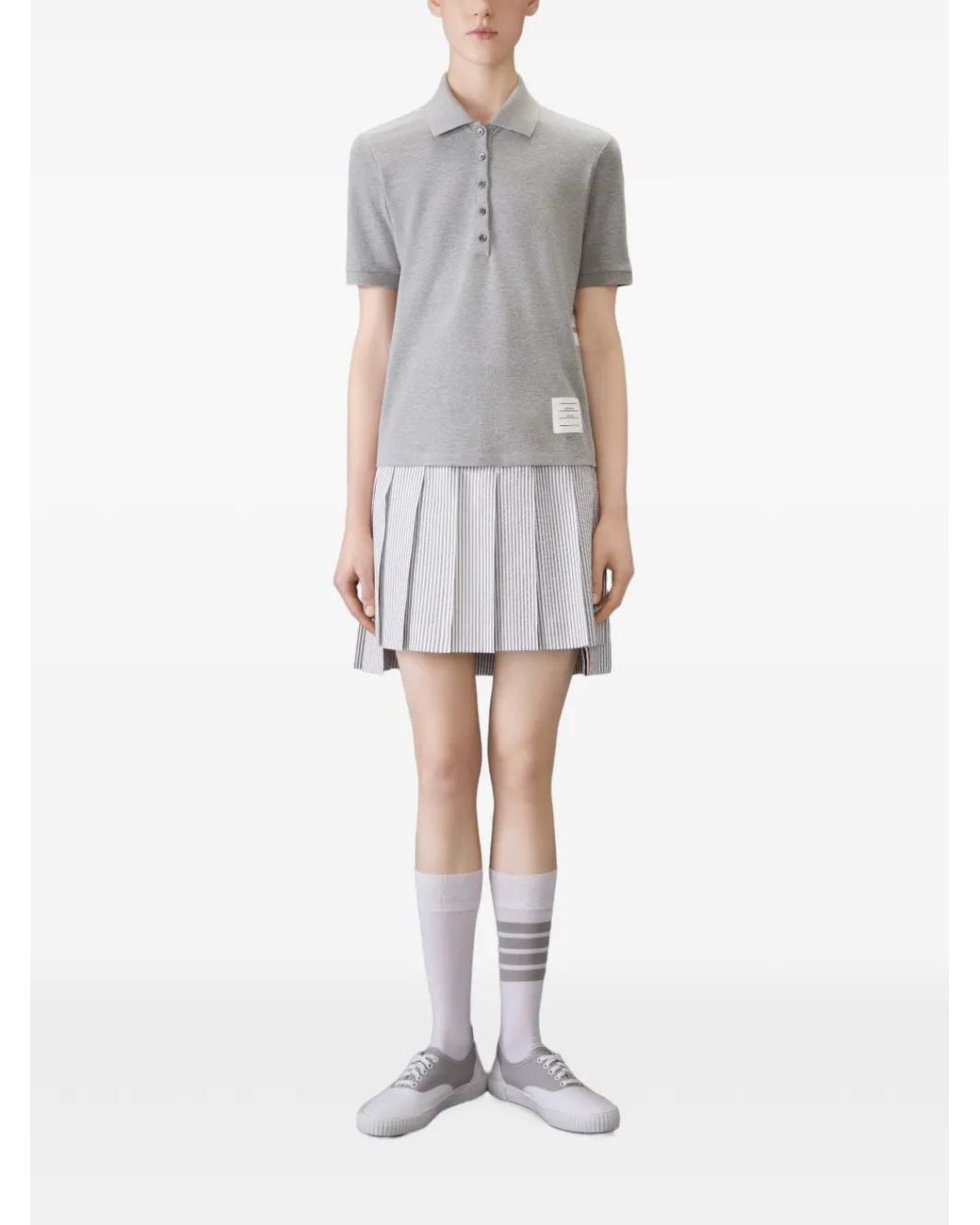 Thom Browne Gray Striped Logo-Patch Polo Shirt