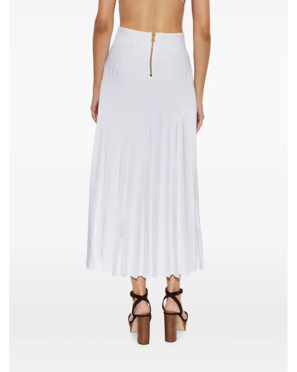 Balmain White Pleated Sequin-Embellished Midi Skirt