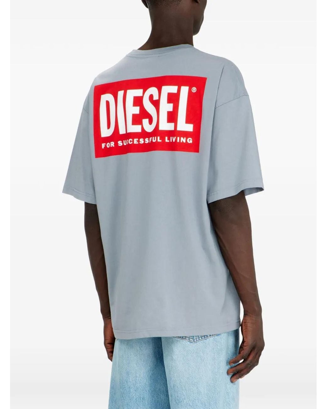 DIESEL Blue Cotton T-Shirt With Biscotto Print for men