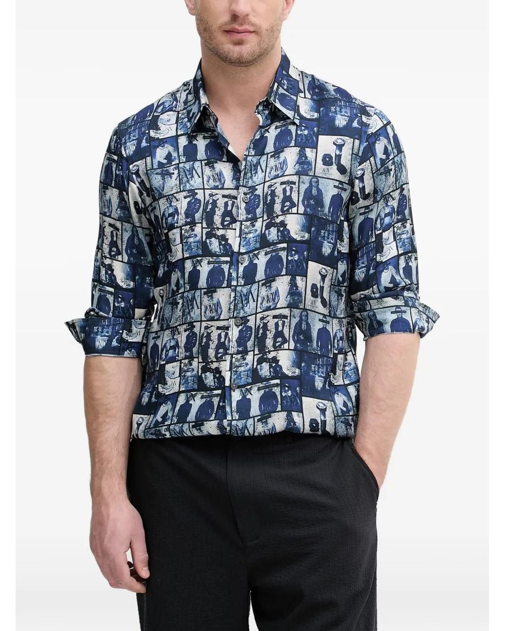 ARMANI EXCHANGE Blue Graphic-Print Long-Sleeved Shirt for men