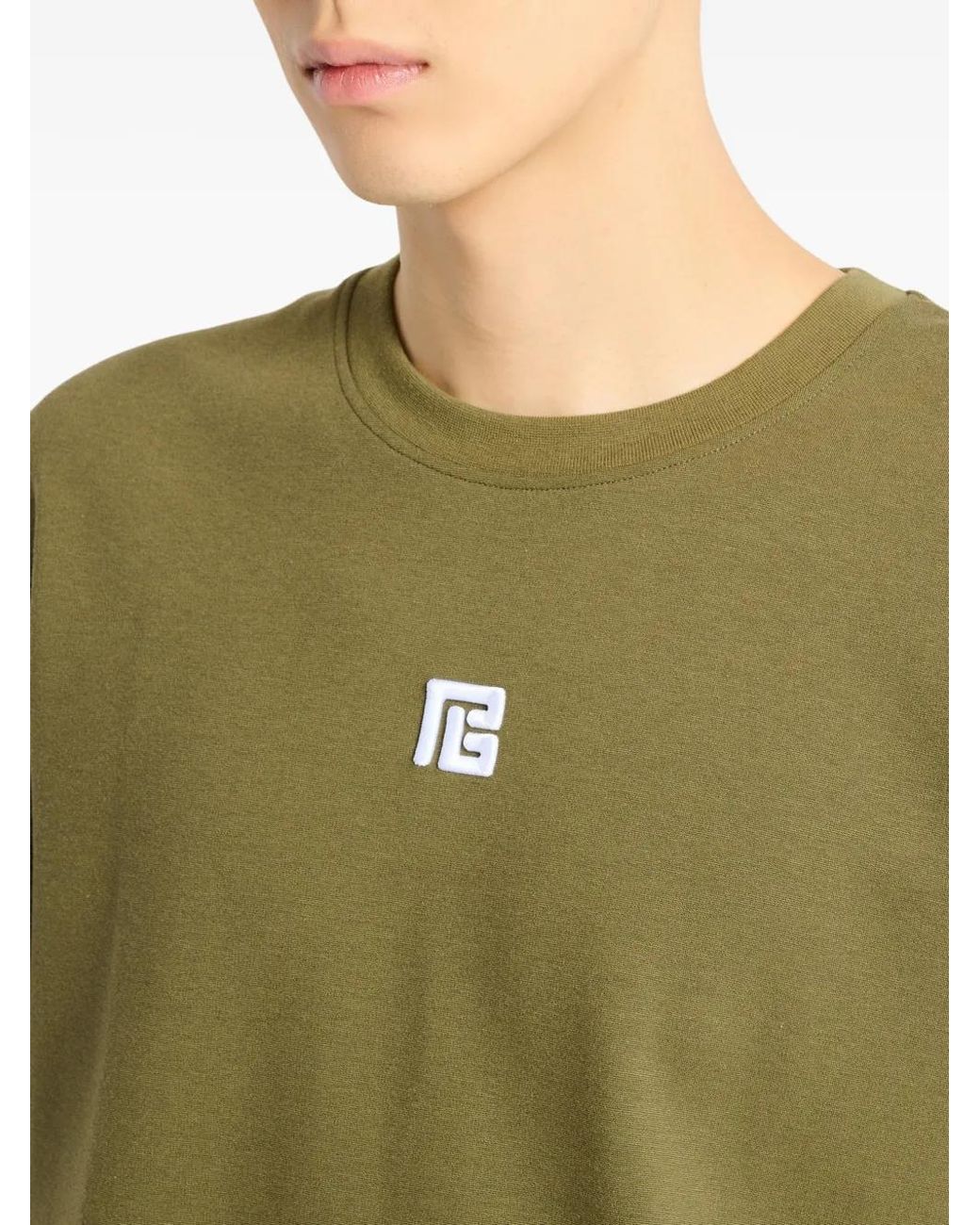 Balmain Green T-Shirt With Embroidered Logo for men