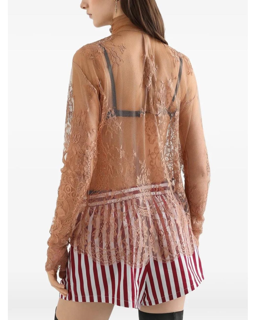 Dolce & Gabbana Pink Lace-Panelled High-Neck Top