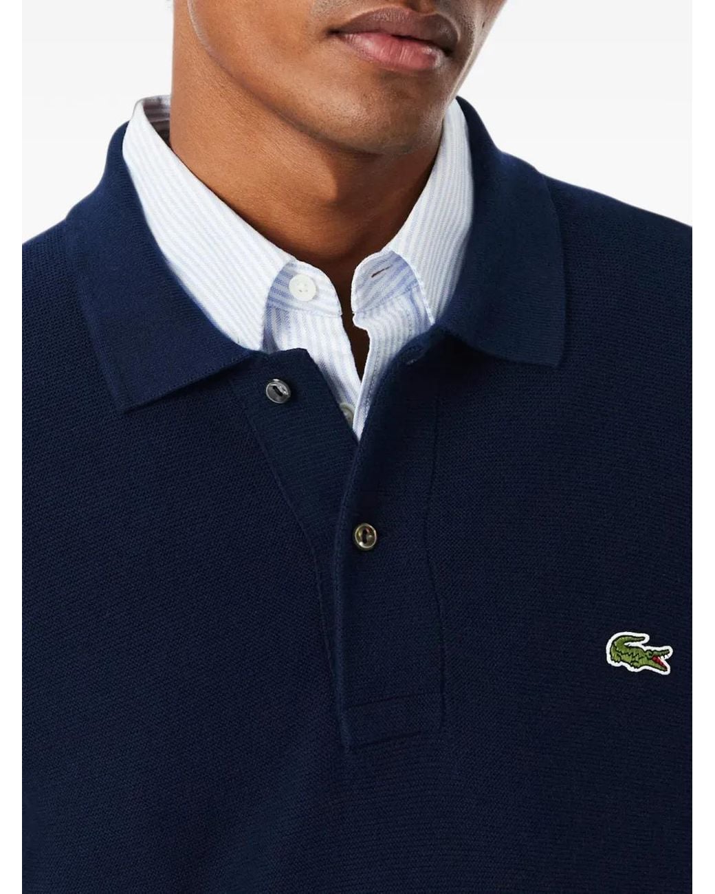 Lacoste Blue Classic-Fit Long-Sleeved Knitted Polo Shirt for men