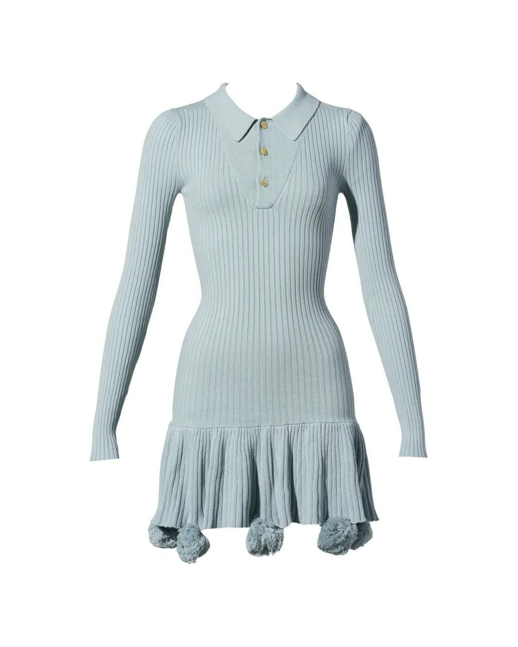 Conner Ives Blue Robe En Maille Côtelée À Pompons