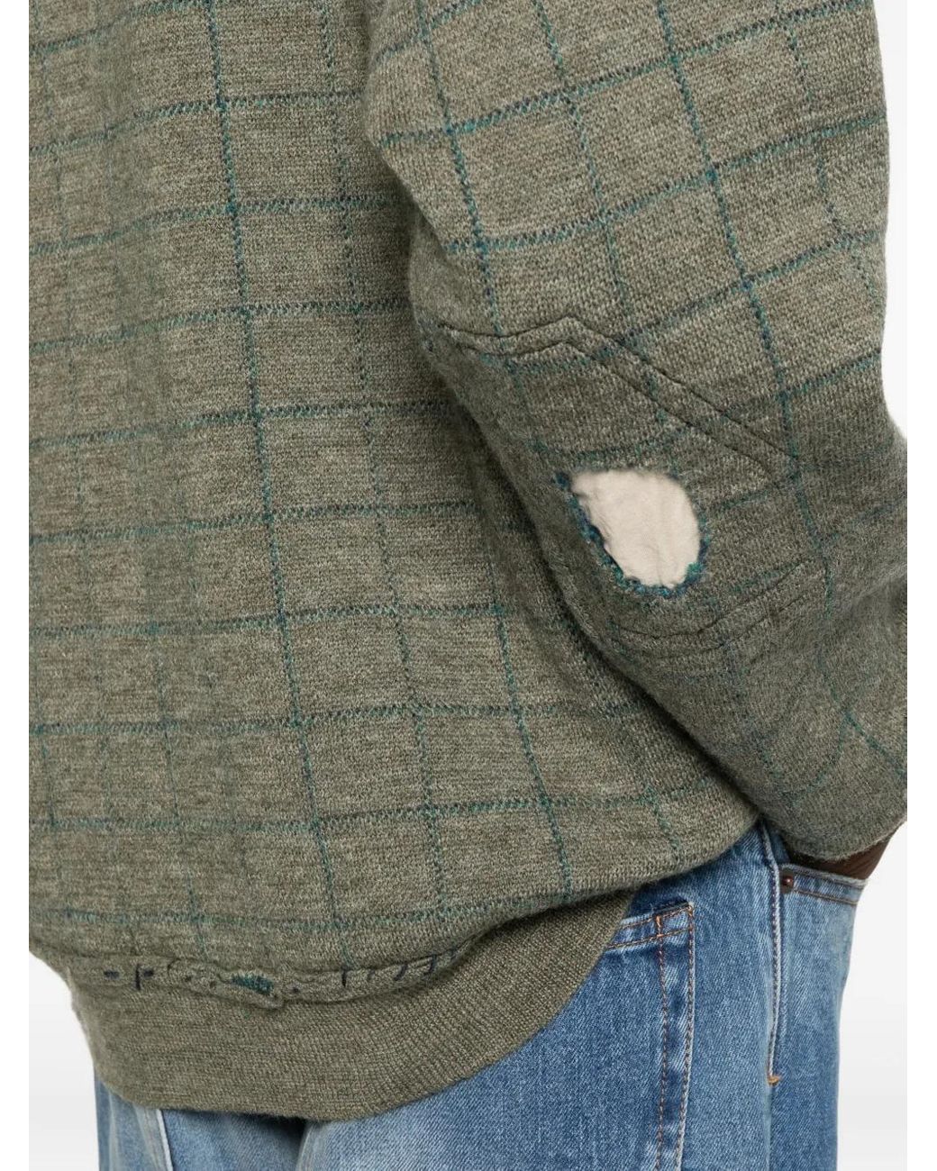 Maison Margiela Green Checked Distressed Sweater for men