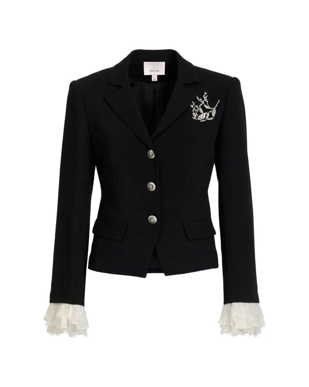 Cinq À Sept Black Sorren Crystal-Embellished Lace-Trim Blazer