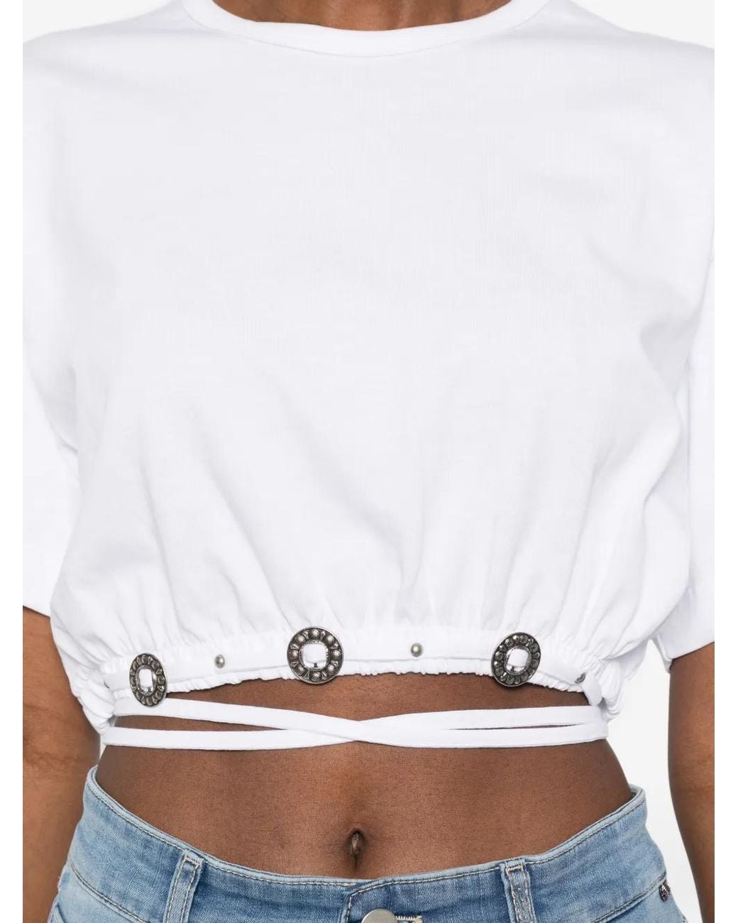 Pinko White Cropped T-Shirt With Lace And Texan Details
